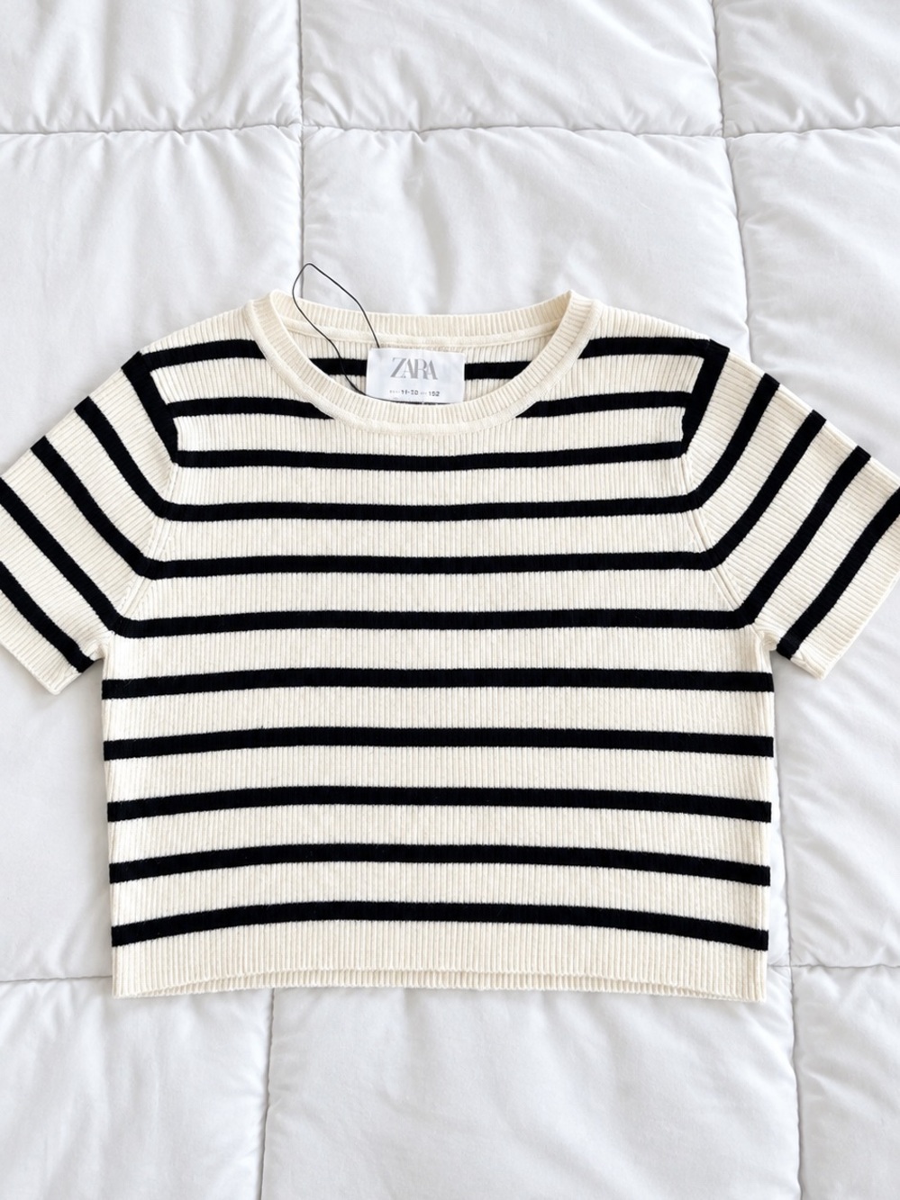 Zara Kids Cream and Black Striped Short Sleeve Sweater Top